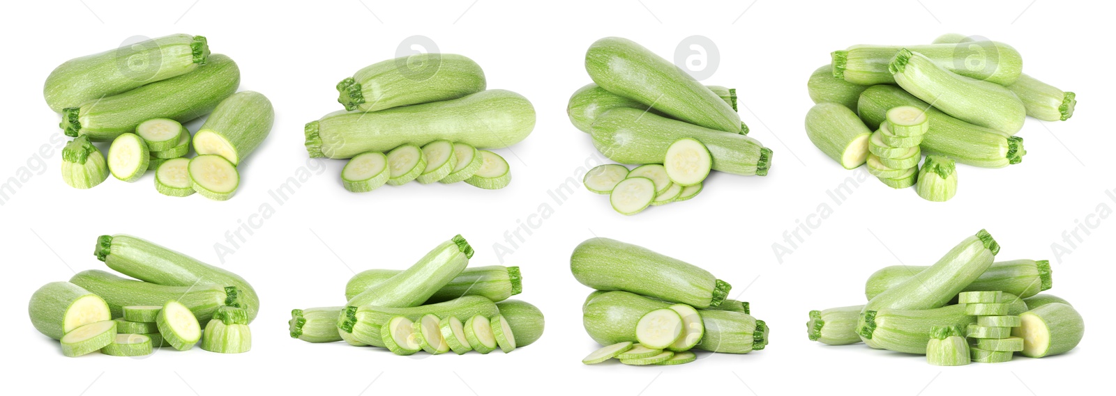 Image of Fresh ripe zucchini isolated on white, collage