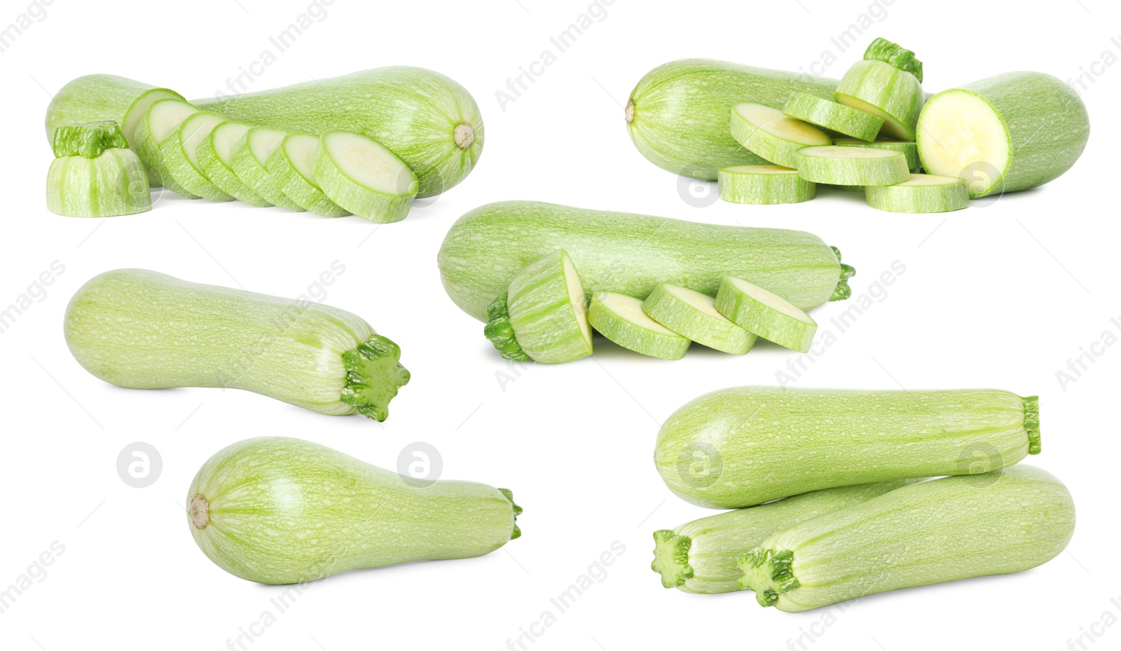 Image of Fresh ripe zucchini isolated on white, collage