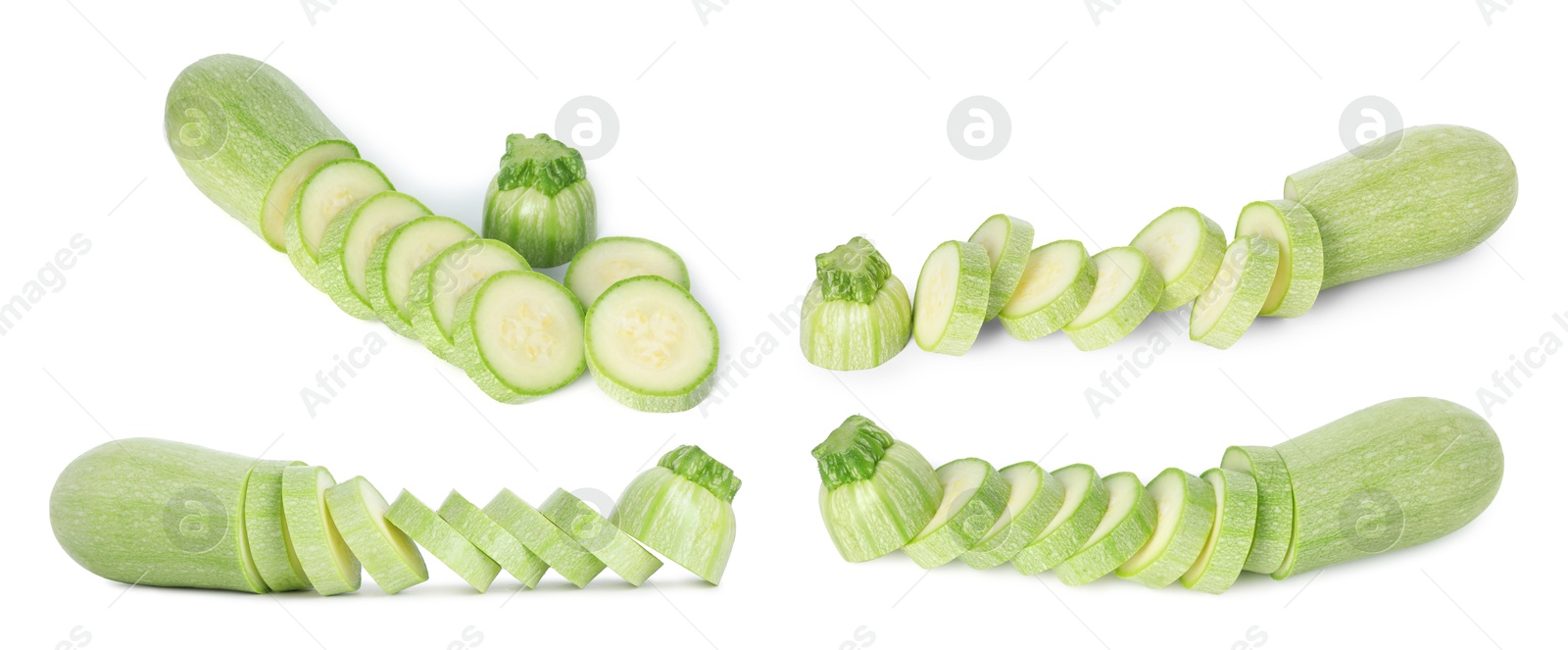 Image of Fresh ripe zucchini isolated on white, collage