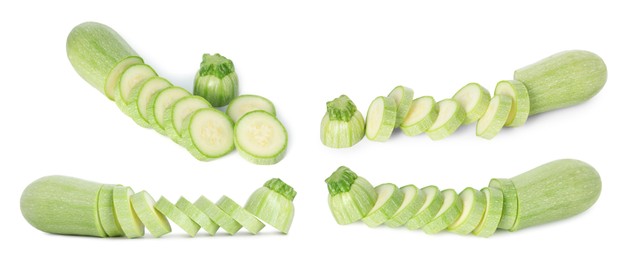 Image of Fresh ripe zucchini isolated on white, collage