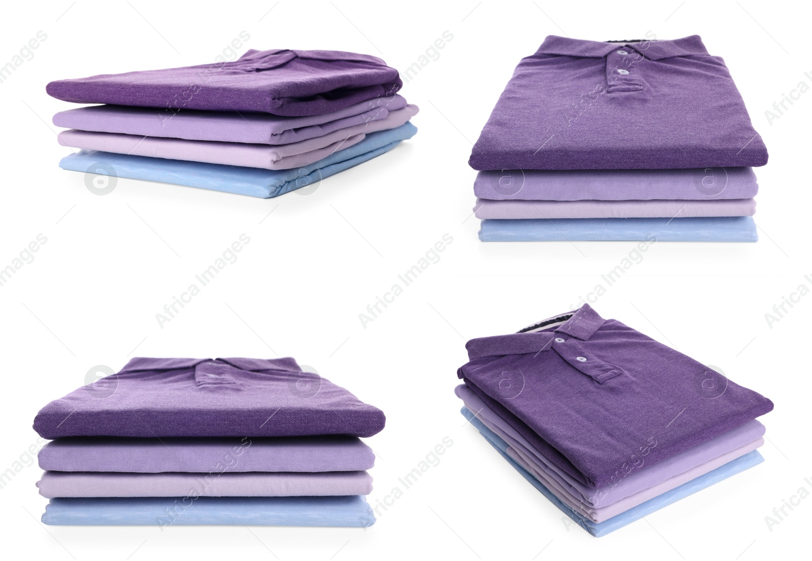 Image of Stacked t-shirts isolated on white, collage of views from different sides