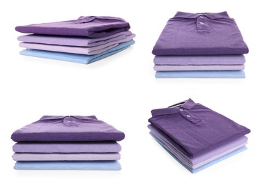 Stacked t-shirts isolated on white, collage of views from different sides