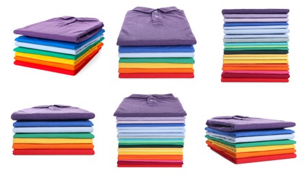 Image of Stacked t-shirts isolated on white, collage of views from different sides