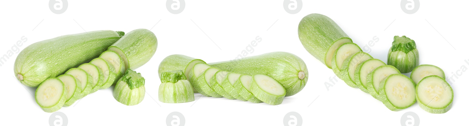 Image of Fresh ripe zucchini isolated on white, collage