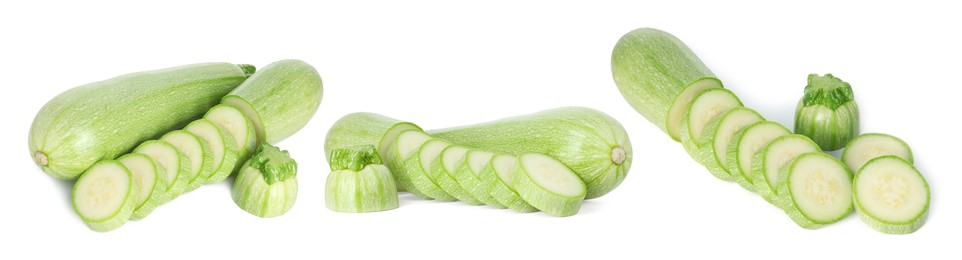 Image of Fresh ripe zucchini isolated on white, collage