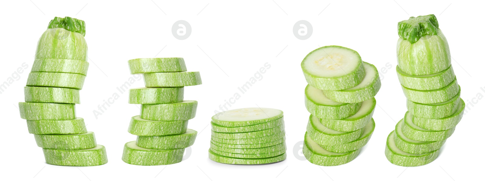 Image of Fresh ripe zucchini isolated on white, collage