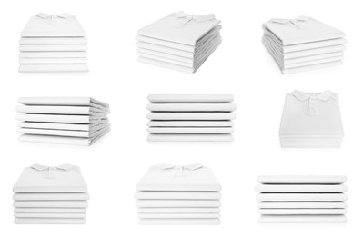 Stacked t-shirts isolated on white, collage of views from different sides