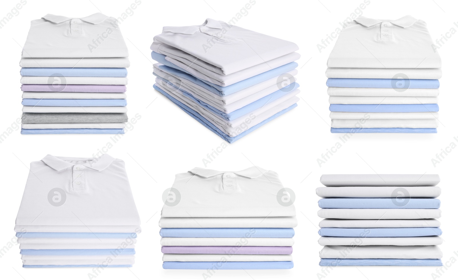 Image of Stacked t-shirts isolated on white, collage of views from different sides