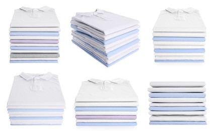 Stacked t-shirts isolated on white, collage of views from different sides