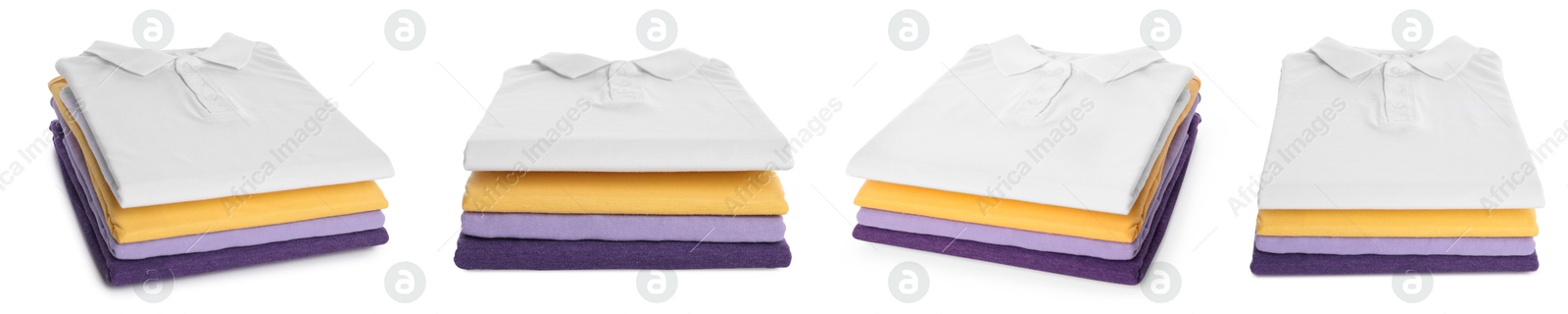 Image of Stacked t-shirts isolated on white, collage of views from different sides