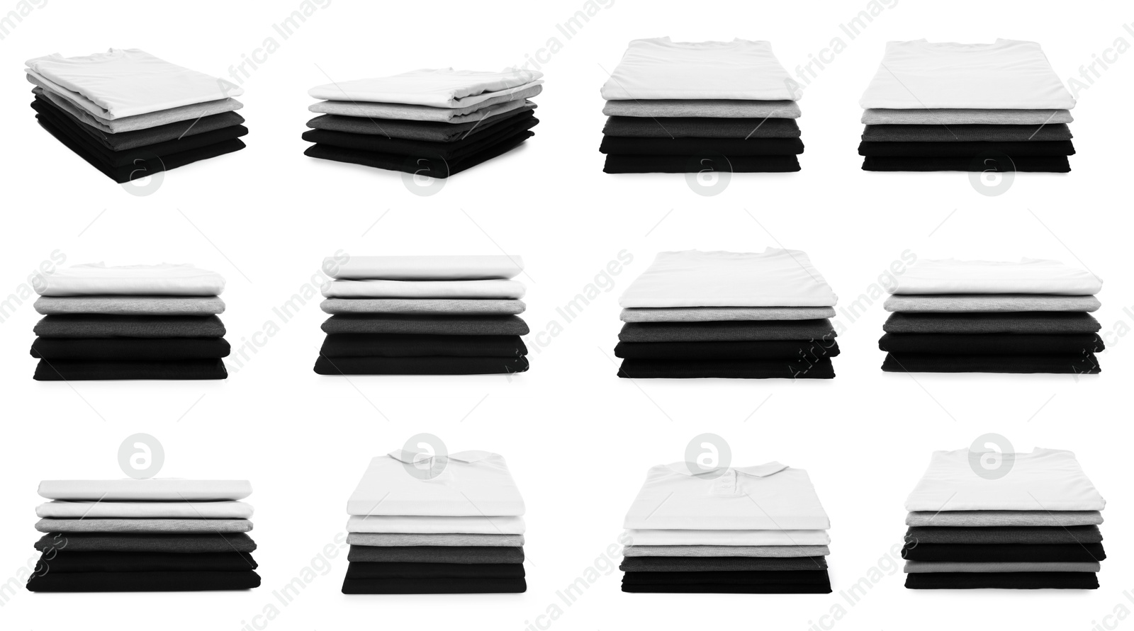 Image of Stacked t-shirts isolated on white, collage of views from different sides