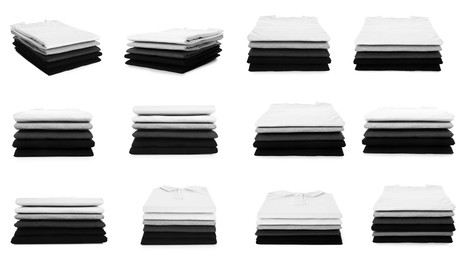 Stacked t-shirts isolated on white, collage of views from different sides