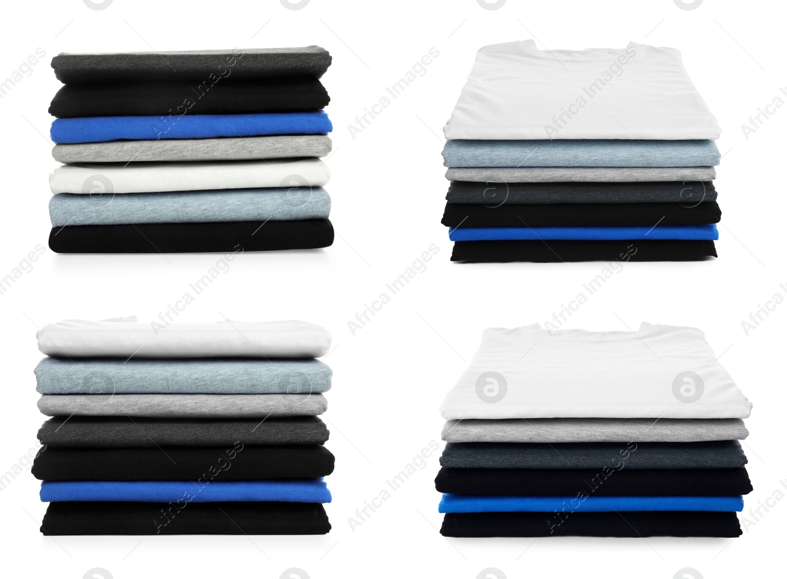 Image of Stacked t-shirts isolated on white, collage of views from different sides