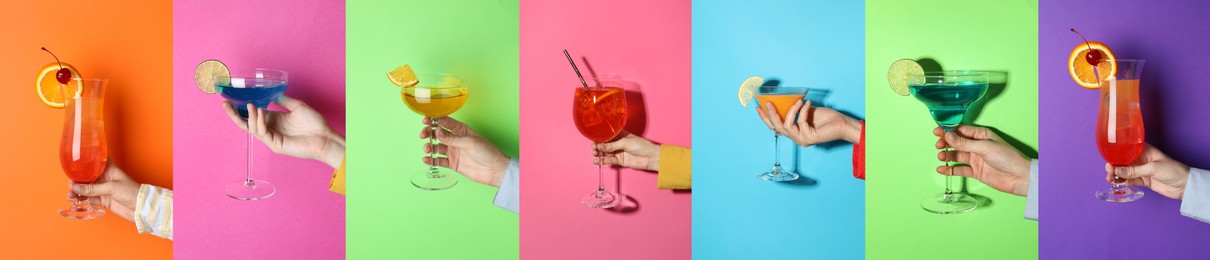 Variety of cocktails in people's hands on different colors backgrounds, collage