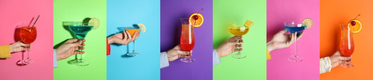 Image of Variety of cocktails in people's hands on different colors backgrounds, collage