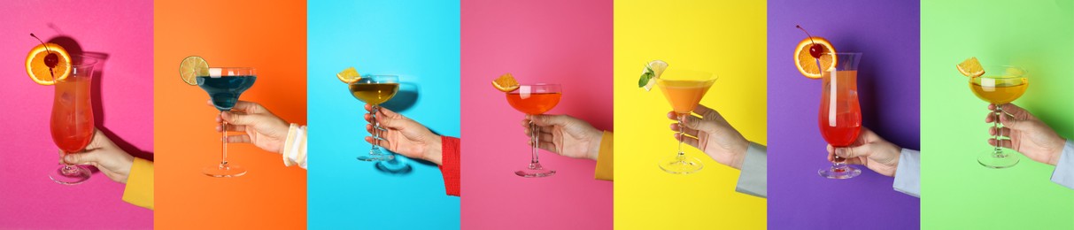 Image of Variety of cocktails in people's hands on different colors backgrounds, collage