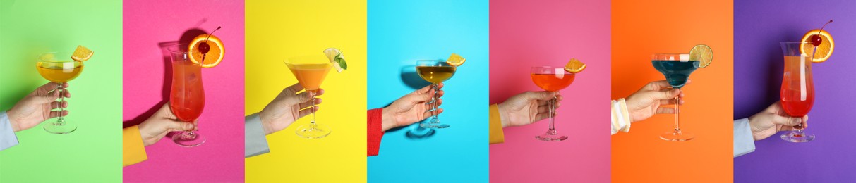 Image of Variety of cocktails in people's hands on different colors backgrounds, collage