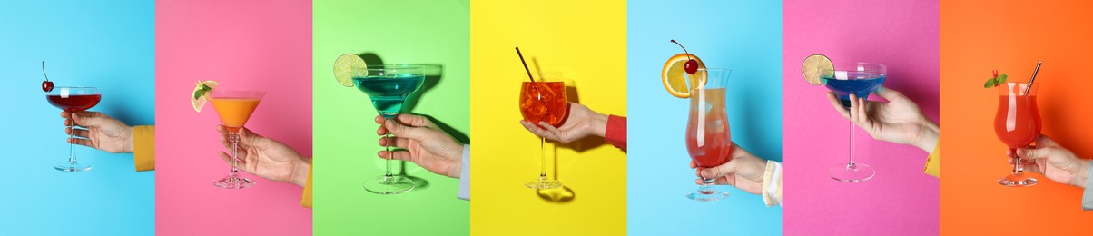 Image of Variety of cocktails in people's hands on different colors backgrounds, collage