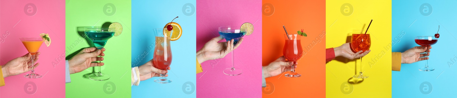 Image of Variety of cocktails in people's hands on different colors backgrounds, collage