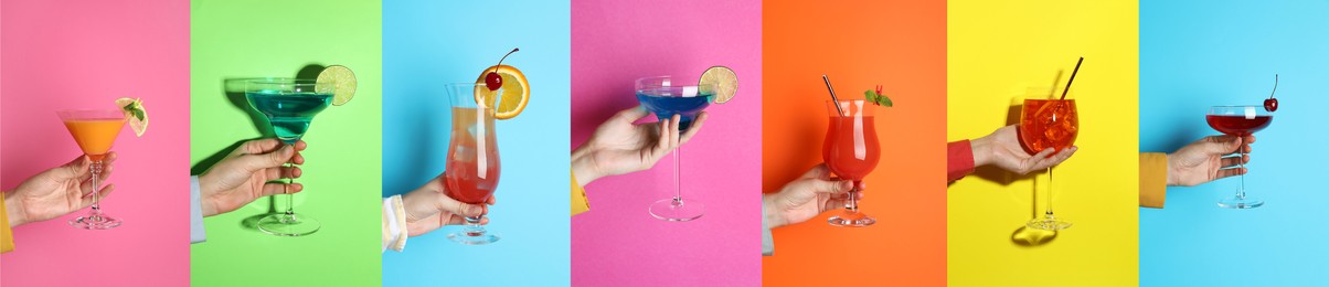 Image of Variety of cocktails in people's hands on different colors backgrounds, collage