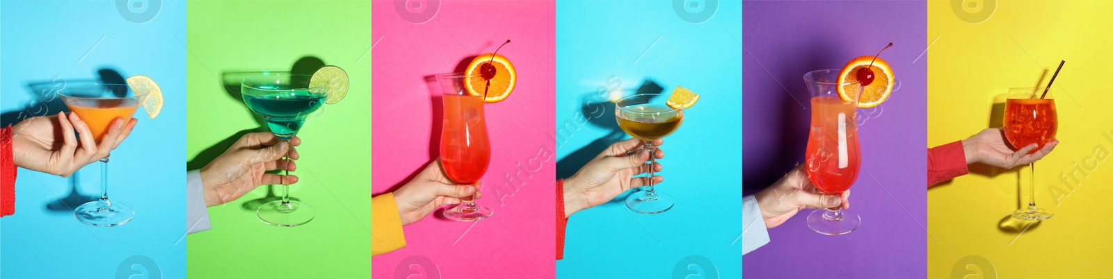 Image of Variety of cocktails in people's hands on different colors backgrounds, collage