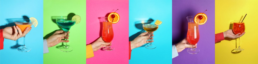 Image of Variety of cocktails in people's hands on different colors backgrounds, collage