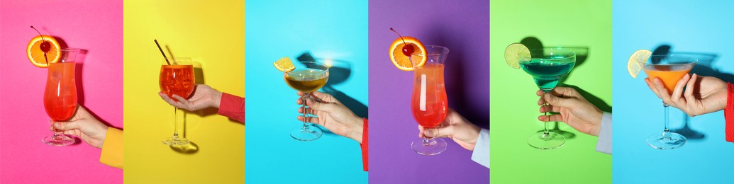 Image of Variety of cocktails in people's hands on different colors backgrounds, collage