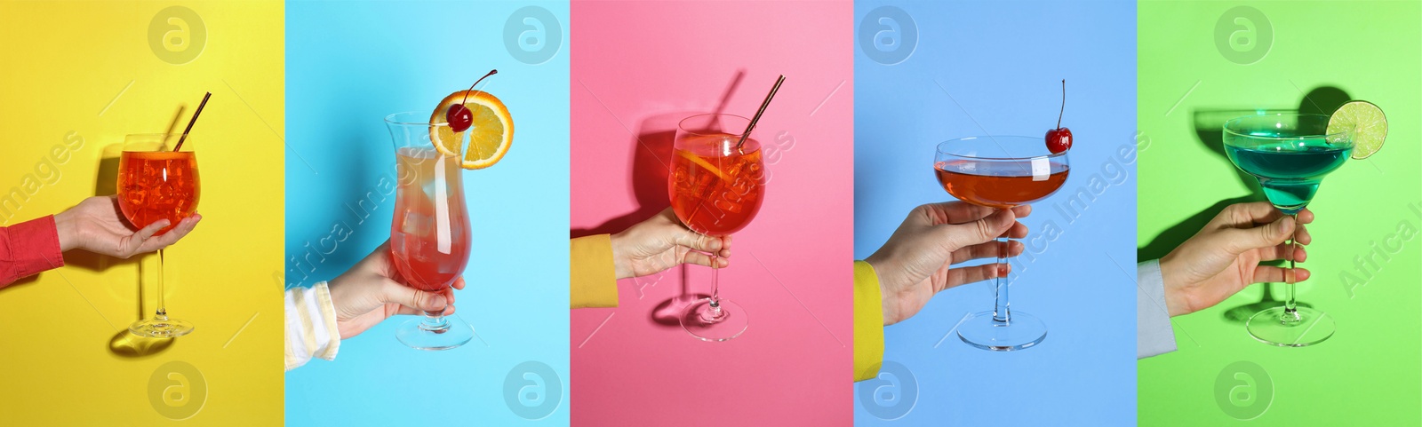 Image of Variety of cocktails in people's hands on different colors backgrounds, collage