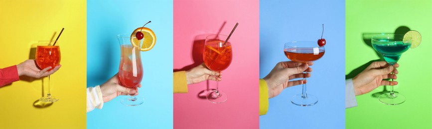 Image of Variety of cocktails in people's hands on different colors backgrounds, collage