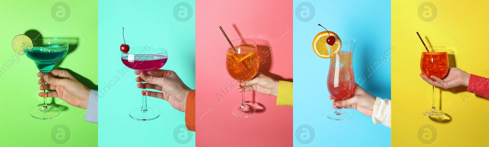 Image of Variety of cocktails in people's hands on different colors backgrounds, collage