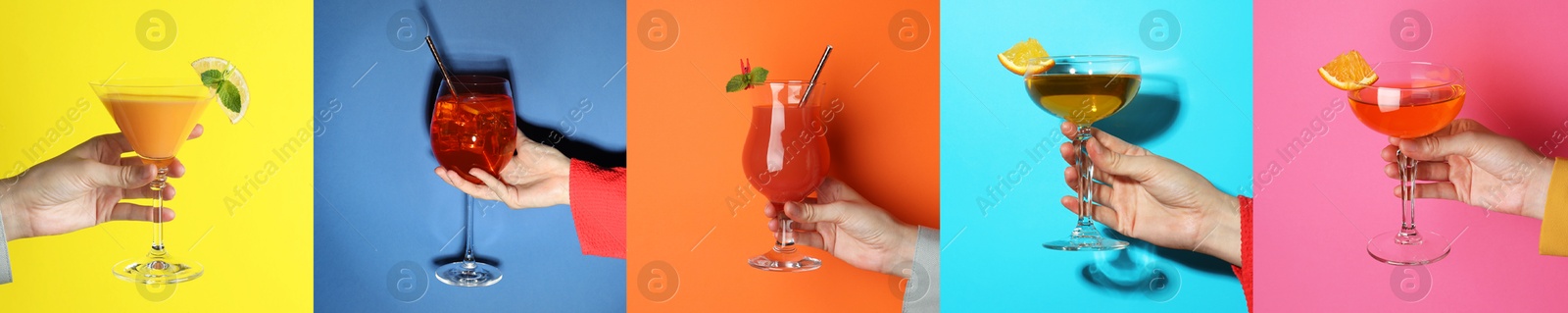 Image of Variety of cocktails in people's hands on different colors backgrounds, collage