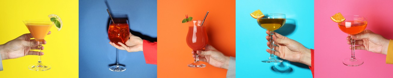 Image of Variety of cocktails in people's hands on different colors backgrounds, collage