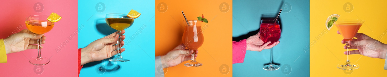 Image of Variety of cocktails in people's hands on different colors backgrounds, collage