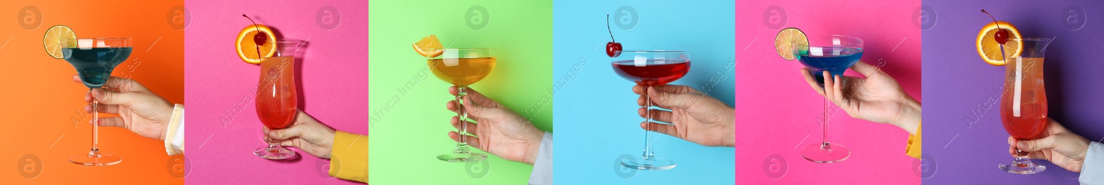 Image of Variety of cocktails in people's hands on different colors backgrounds, collage