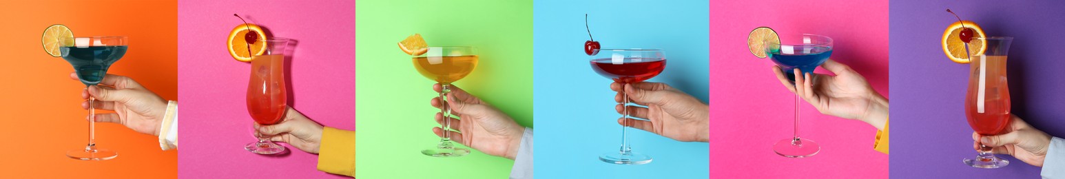 Variety of cocktails in people's hands on different colors backgrounds, collage