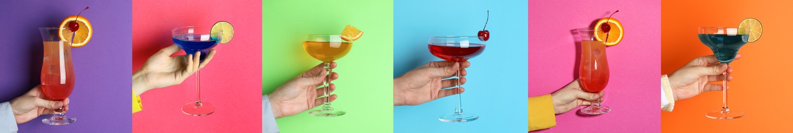 Image of Variety of cocktails in people's hands on different colors backgrounds, collage