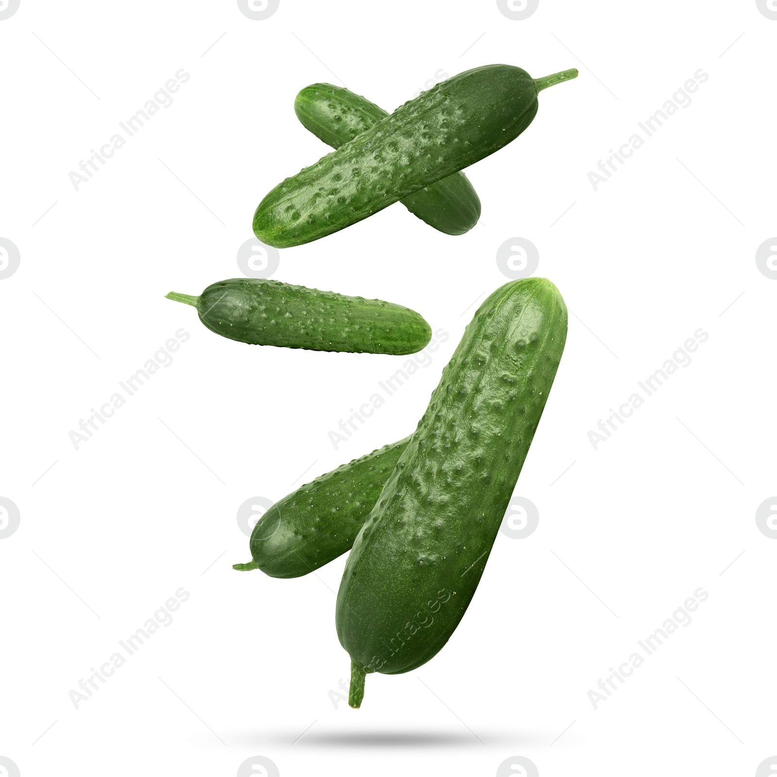 Image of Whole ripe cucumbers falling on white background