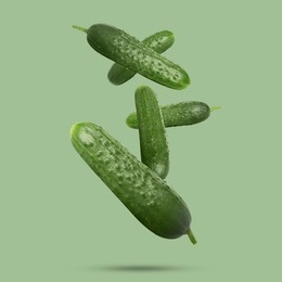 Image of Whole ripe cucumbers falling on green background