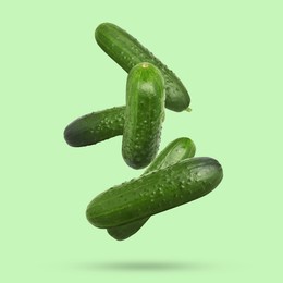 Image of Whole ripe cucumbers falling on green background