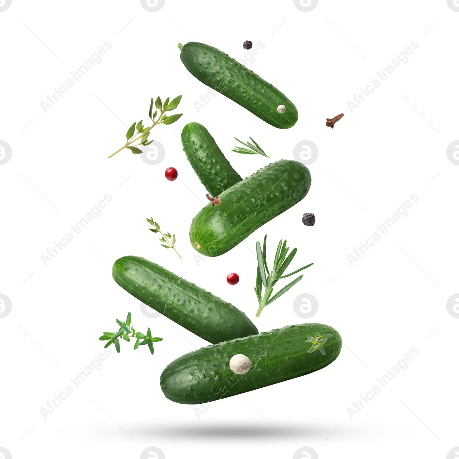 Image of Ripe cucumbers, herbs and spices falling on white background