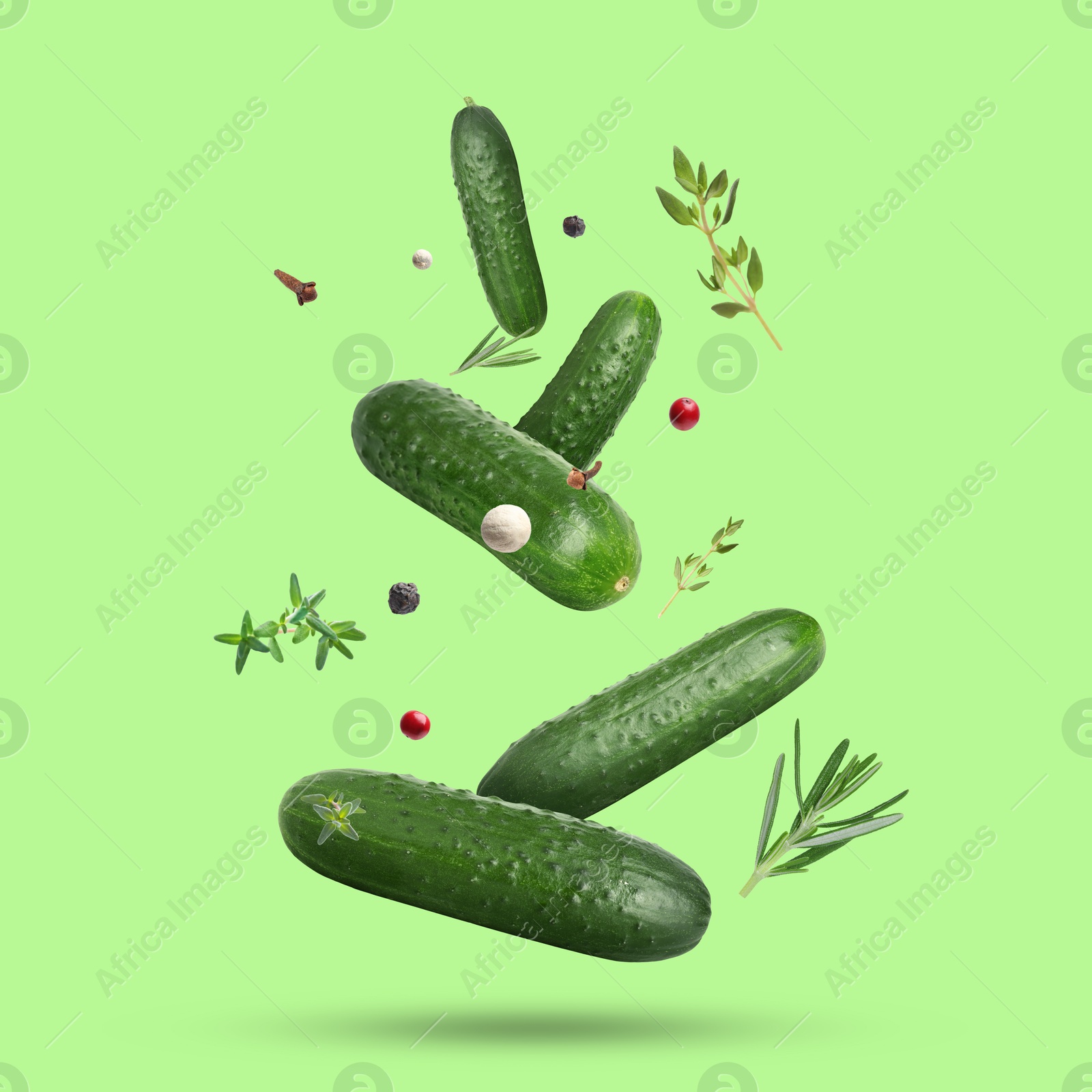 Image of Ripe cucumbers, herbs and spices falling on light green background