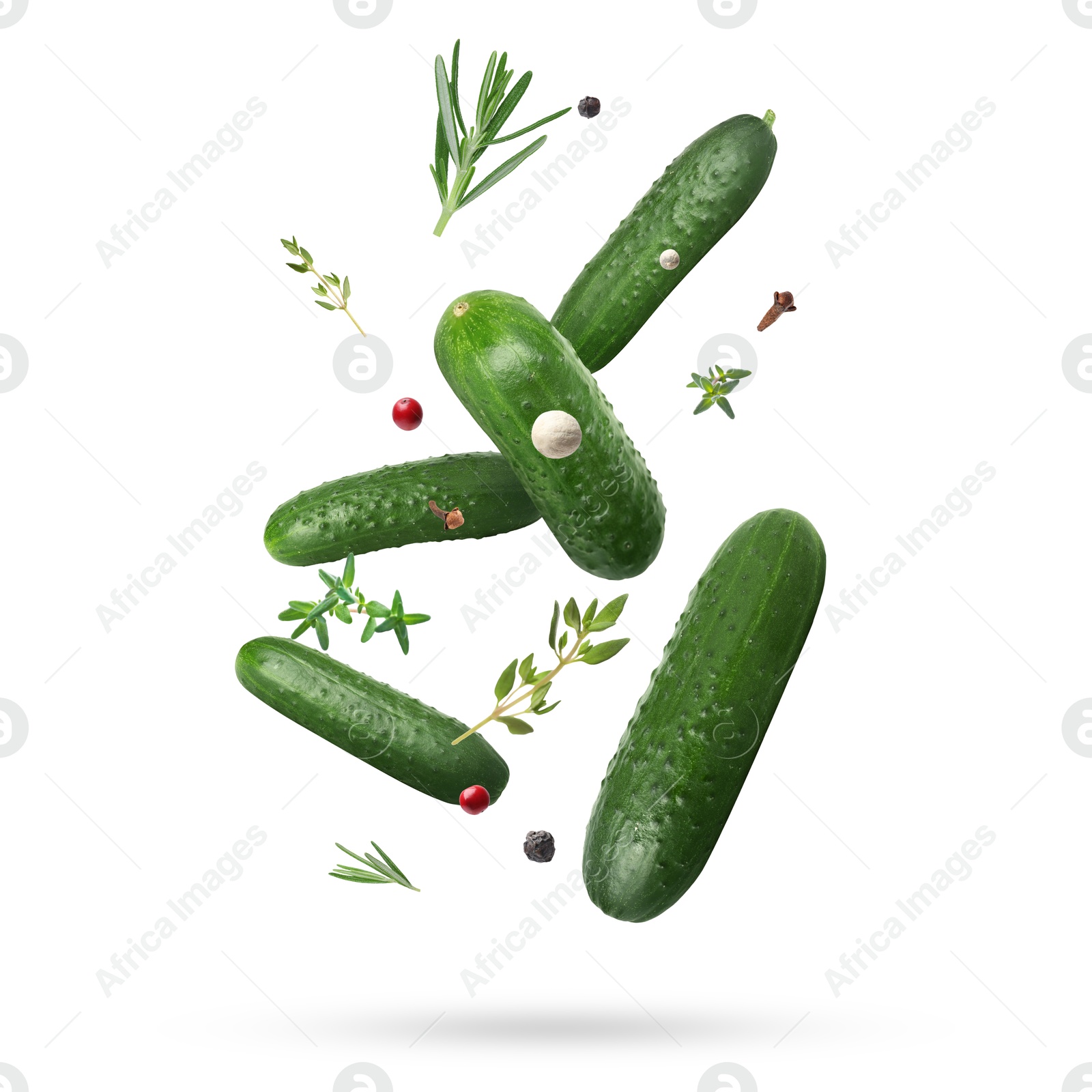 Image of Ripe cucumbers, herbs and spices falling on white background