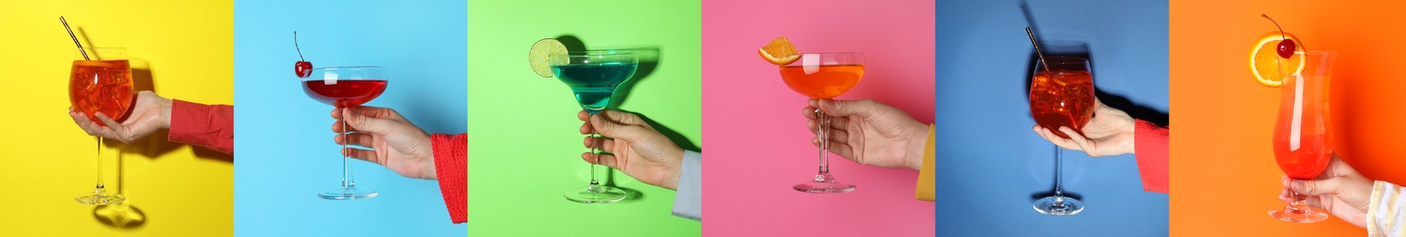 Image of Variety of cocktails in people's hands on different colors backgrounds, collage