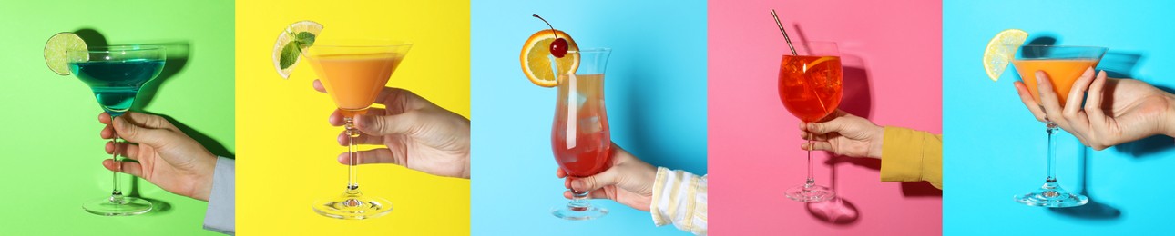 Image of Variety of cocktails in people's hands on different colors backgrounds, collage