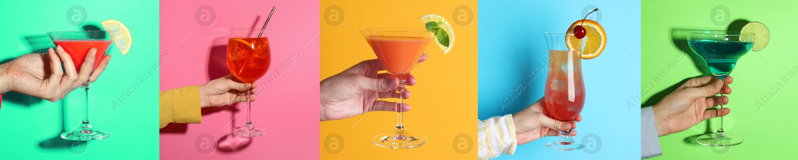 Image of Variety of cocktails in people's hands on different colors backgrounds, collage