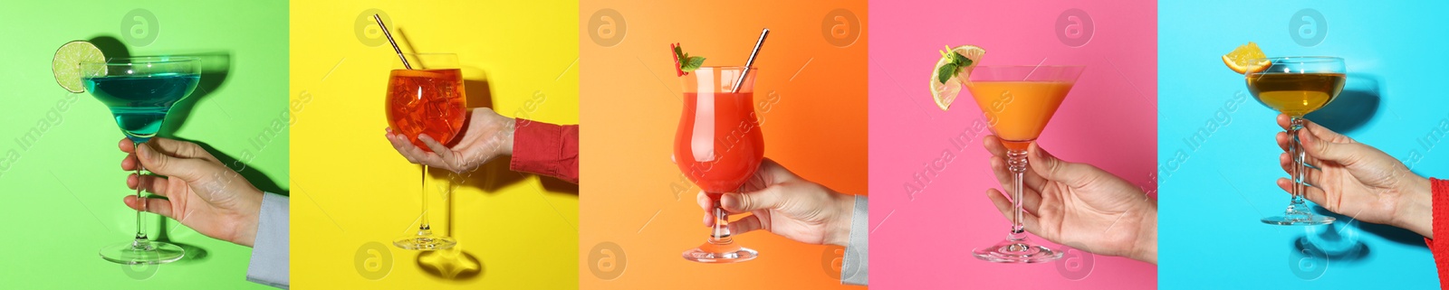 Image of Variety of cocktails in people's hands on different colors backgrounds, collage