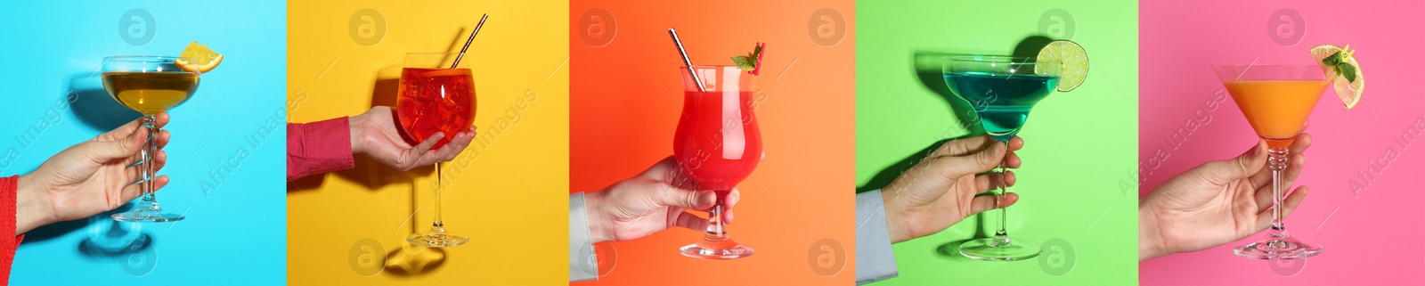 Image of Variety of cocktails in people's hands on different colors backgrounds, collage