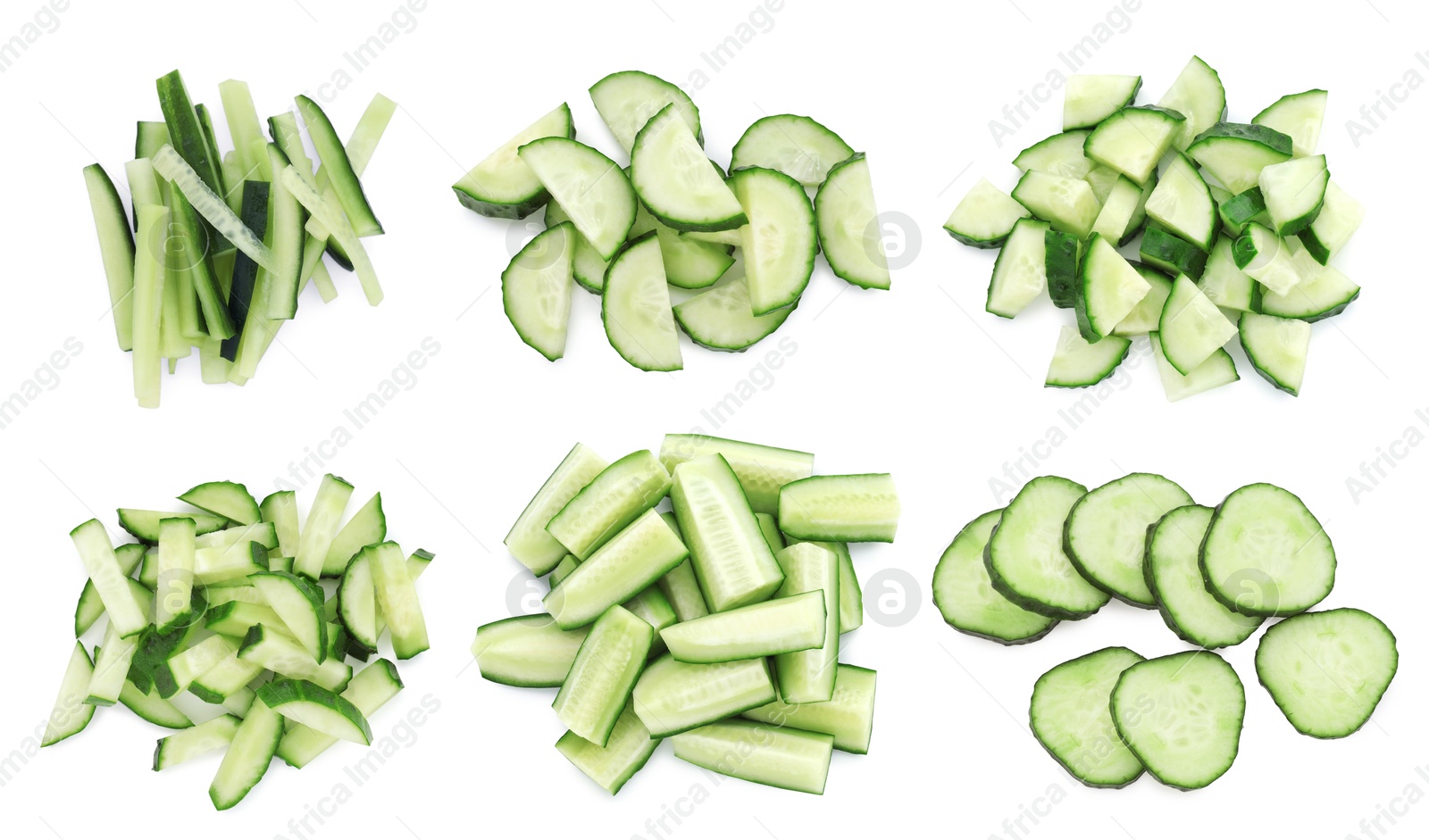 Image of Fresh cucumbers isolated on white, collage. Different types of cuts