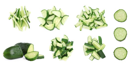 Image of Fresh cucumbers isolated on white, collage. Different types of cuts