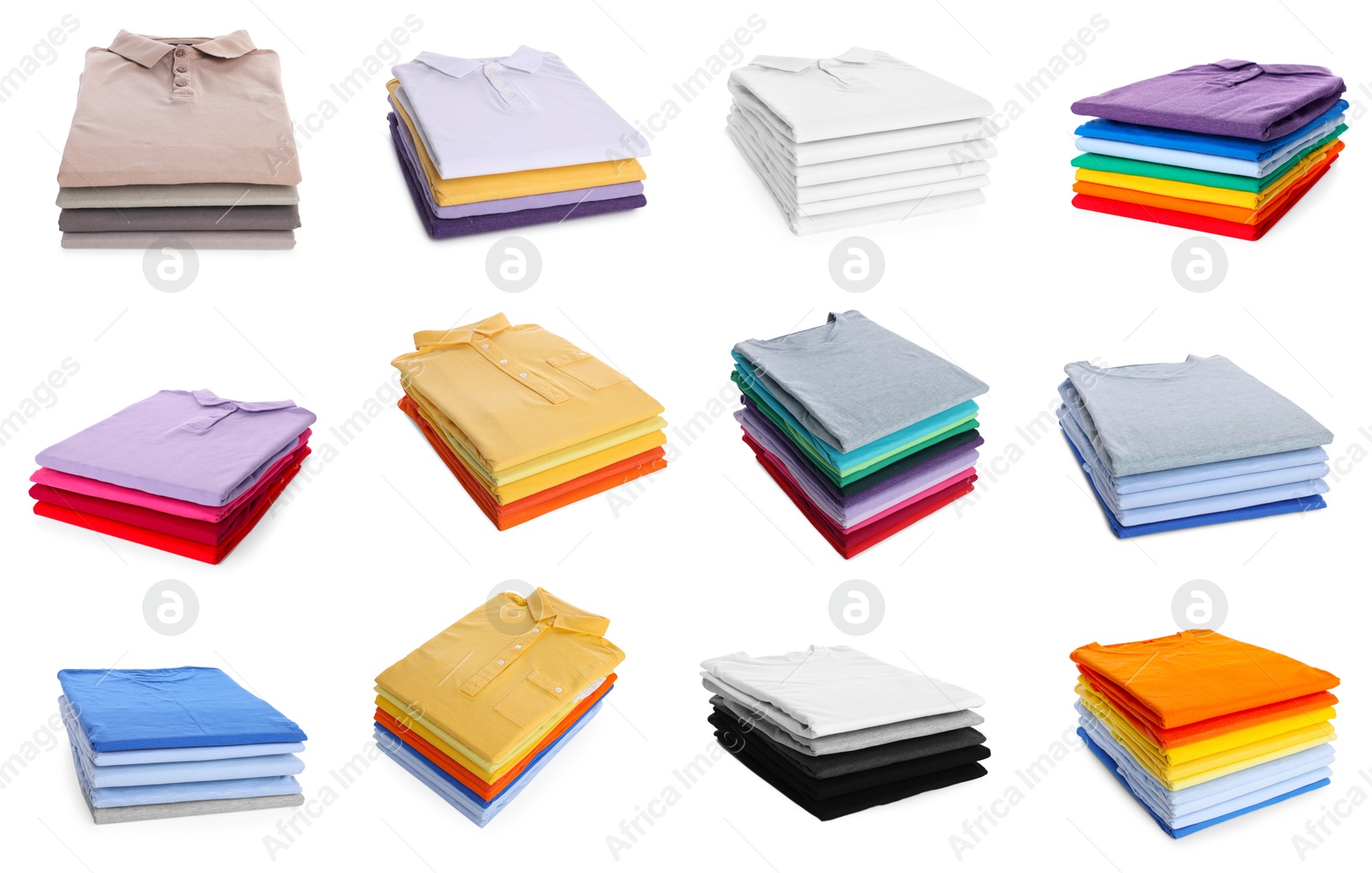 Image of Stacks of different t-shirts isolated on white, collage